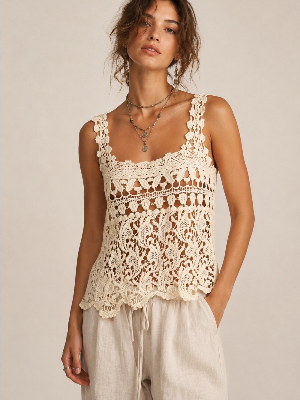 Staring at Stars Urban Outfitters Ivory Crochet Lace Tank Top Boho Festival